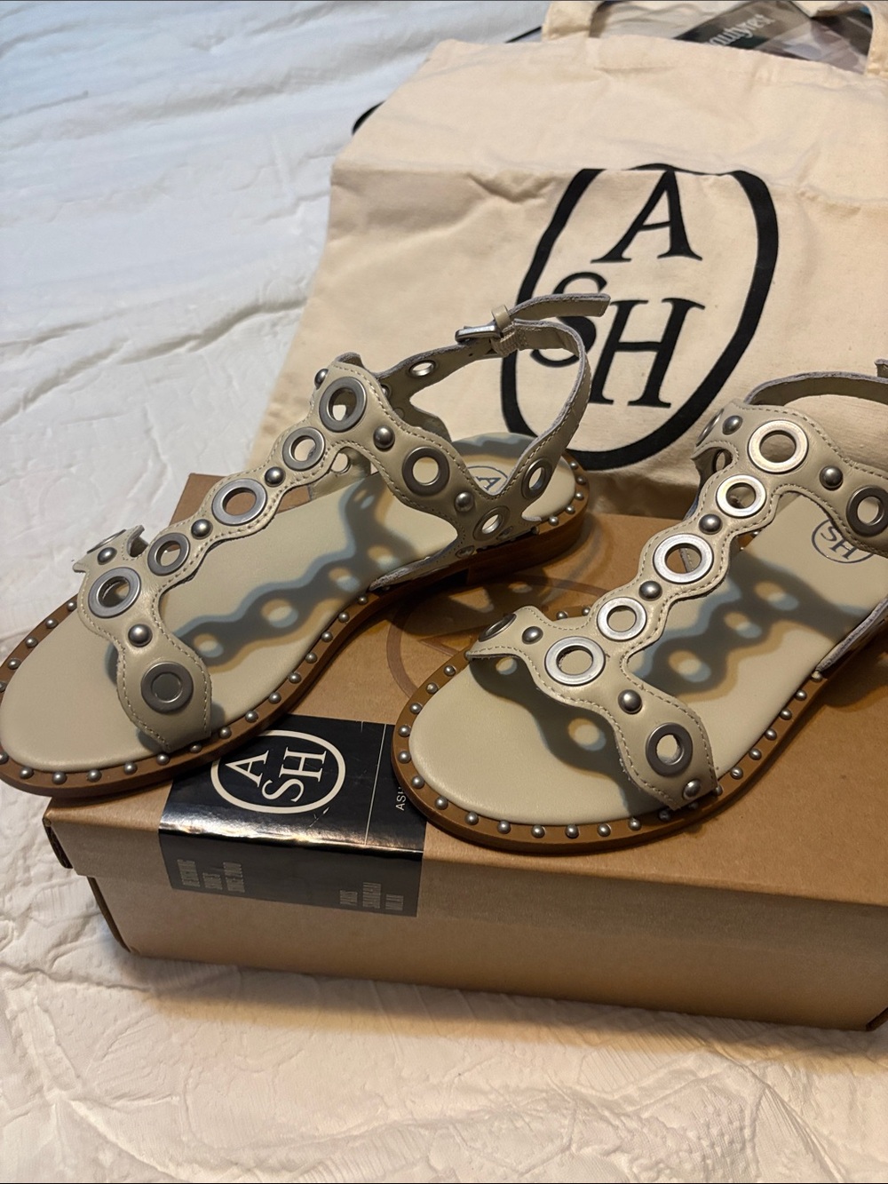 ASH Beige Leather Studded Grommet Sandals